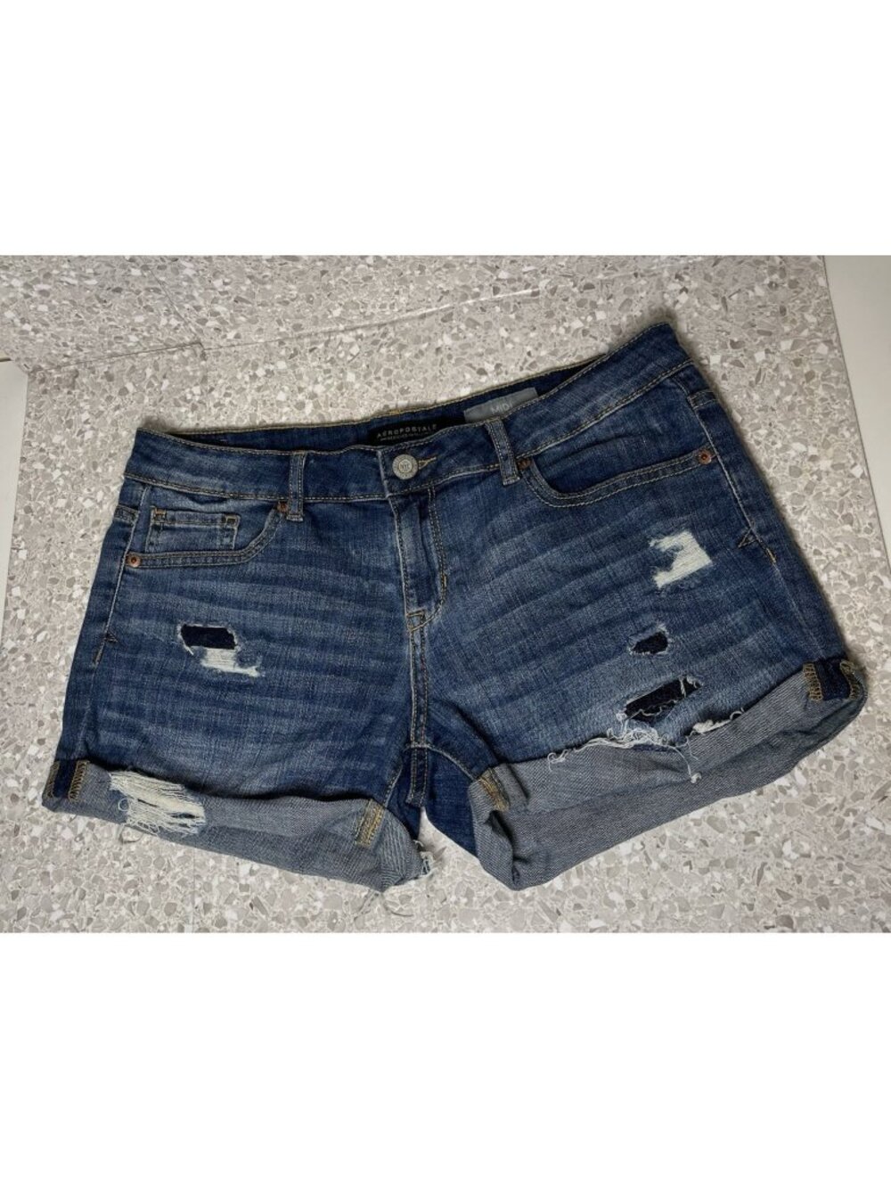 Aeropostale Midi Denim Shorts Distressed Blue Size 10